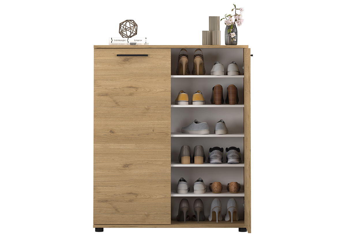 Απεικονίζεται η παπουτσοθήκη ανοιχτή και γεμάτη με ζευγάρια παπούτσια.